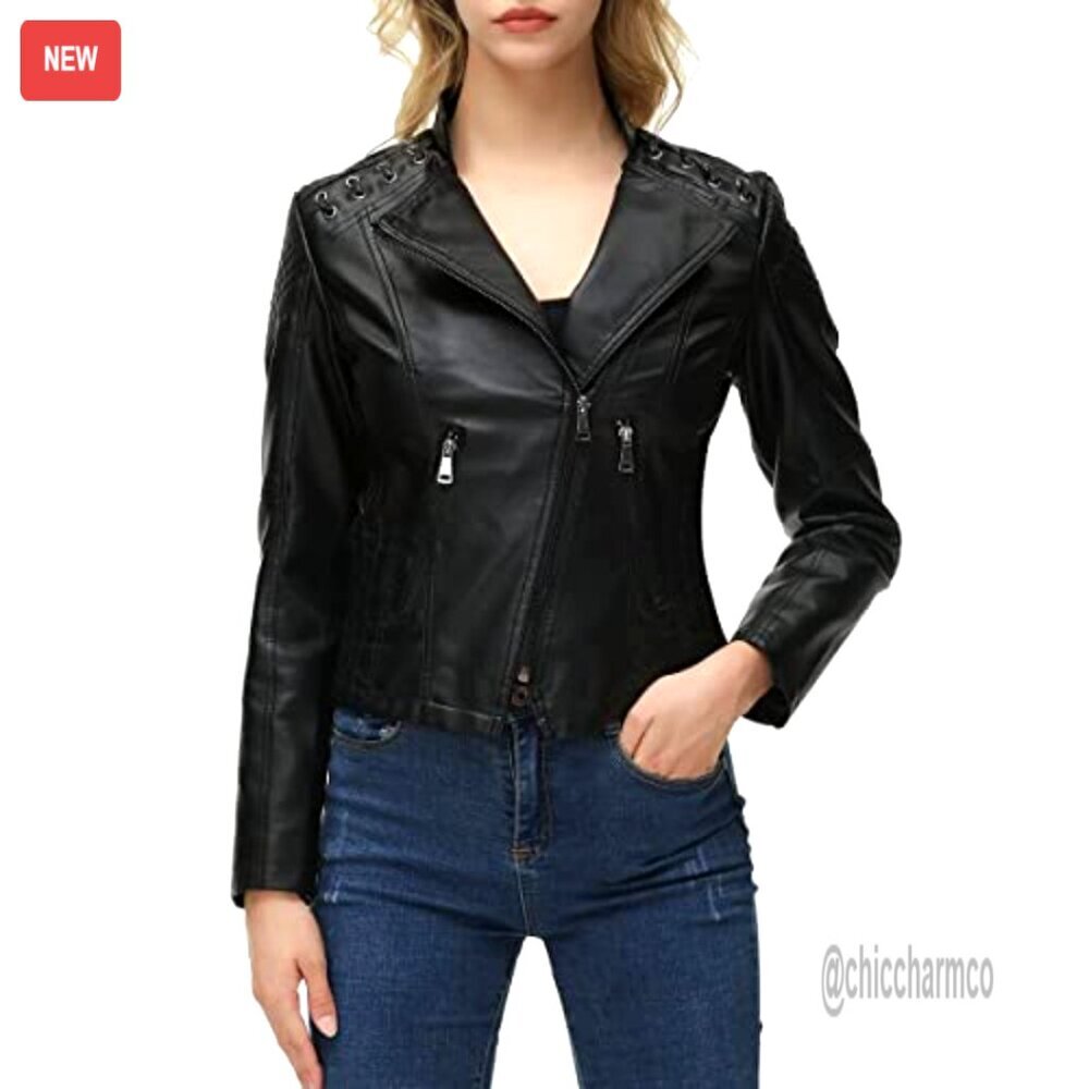 Faux Leather Moto Jacket Short Biker Coat with Pockets - Picture 5 of 7